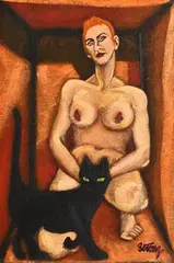 Rachel Strong, Nude and Cat, oil on canvas