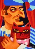 Punch and Cat with Polka-dot Bowtie by Graham Knuttel, oil on canvas, sold Jul 2020