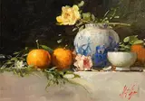 Mat Grogan, Flowers, Fruits and a Chinese Vase, oil on board