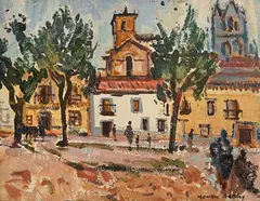 Henry Healy, Continental Village Square, oil on board