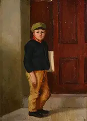 Howard Helmick American, Newsboy, oil on panel