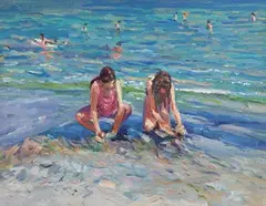 Children Playing on the Beach by James O'Halloran, 1995, oil on board, sold May 2020