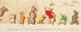 Boris O'Klein, Sus aux Curicux, hand coloured etching
