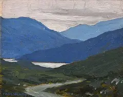 Paul Henry, Mountain Landscape with Lake and Road, oil on board