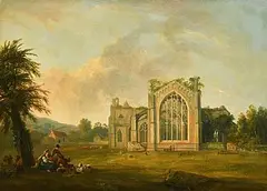 George Barret, A Landscape with Figures and the Ruins of Melrose Abbey, Roxburghshire, oil on canvas