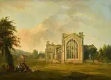 George Barret, A Landscape with Figures and the Ruins of Melrose Abbey, Roxburghshire, oil on canvas