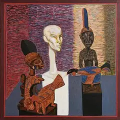 Brian Bourke Hrha Irish, Two African Carvings and Plaster Head, oil on canvas