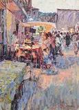 The Night Market at Dusk by Arthur K. Maderson, acrylic, gouache, pastel and oil pastel, offered Mar 2020