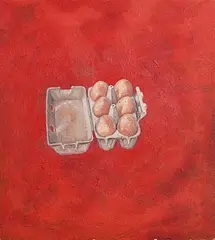 Rita Duffy, Eggs in a Carton, oil on board