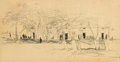 Paul Hogarth, Sugar Workers Homes Nital, 1956, charcoal and pencil on paper