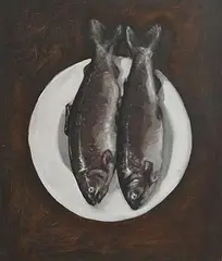 John Campion, Still Life - Fish on a Plate, oil on board