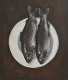 John Campion, Still Life - Fish on a Plate, oil on board