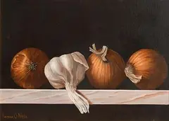 Yvonne O'Neill, Still Life - Garlic and Onion, oil on canvas