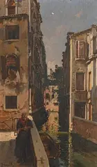 Enrico Gargiulo, Venetian Canal Scene with Figure, oil on canvas