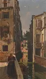 Enrico Gargiulo, Venetian Canal Scene with Figure, oil on canvas