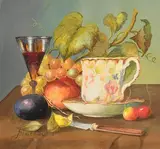 Bláithín O'Ciobhaín, Still Life - Teacup with Fruit, pastel on paper