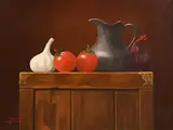 Paul Kavanagh, Pewter Jug, Garlic, Tomatoes and Red Onion, acrylic on canvas