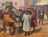 Donal McNaughton, Flower Sellers, oil on canvas