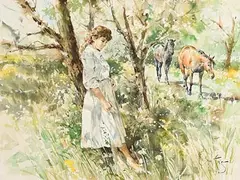Gordon King British, Pensive Moments, watercolour