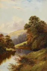 D Ross, Landscape with Sheep and Cattle by the River, oil on canvas