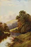 D Ross, Landscape with Sheep and Cattle by the River, oil on canvas