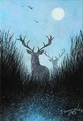 Andy Saunders, Hazy Moon and Stags, oil on board
