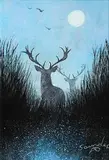 Andy Saunders, Hazy Moon and Stags, oil on board