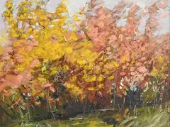 Robert Bottom, Forsythia and Flowering Currant, 1998, oil on board