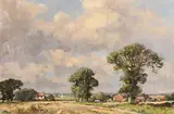 Owen Waters English, Harvest Time, Norfolk, oil on board