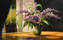 Mat Grogan, Buddley and Hydrangeas, oil on board