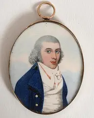 Frederick Buck, Portrait of a Gentleman in a Blue Coat, watercolour on ivory with plaited hair and gold entwined initials verso