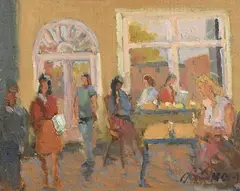Cafe Interior by Liam Treacy, oil on board, sold Jan 2020