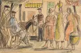 George Campbell, Spanish Villagers, mixed media on paper