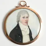 Frederick Buck, Portrait of a Gentleman in a Navy Blue Coat, watercolour on ivory, tondo 5 in a rose gold frame