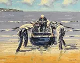 Ivan Sutton, Launching the Curragh, Inisheer, Aran Islands, oil on board