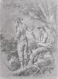 Paul Reid, Study for Pan and Hermes, charcoal drawing