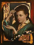 Ken Hamilton, Girl in Kimono, oil on gold leaf on board