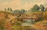 Landscape with Figures, Dog and Sheep by John Faulkner, watercolour, sold Oct 2019