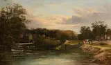 James Baylis Allan, The Old Town Mill and River Wey, Guilford, Surrey, oil on canvas