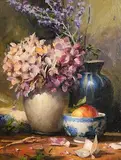 Mat Grogan, Dried Hydrangeas with Blue Vase and Apple, oil on board