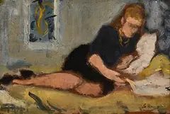 Relaxing and Reading (with another painting of a girl relaxing verso) by Grace Henry, oil on board, sold Sep 2019