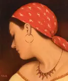 James Cahill, Girl with Red Scarf, oil on canvas board