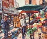 Norman Teeling, The Flower Sellers, oil on board