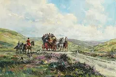 Gordon King British, A Coach Encounter, oil on canvas