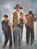 John Skelton Snr, Three Aran Fishermen, 1962, oil on canvas board