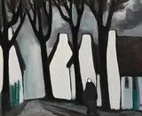 Hurrying from the Storm by Markey Robinson, gouache on board, sold Aug 2019