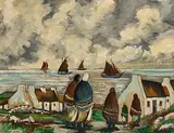 Shawlies Watching the Boats by Markey Robinson, gouache, sold Aug 2019