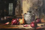 Mat Grogan, Chinese Jar with Red Onions, oil on board