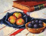 Still Life with Apples and Plums by James S. Brohan, oil on canvas board, offered Aug 2019