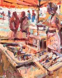 Under Cover, Market Day, France by Arthur K. Maderson, oil on board, offered Aug 2019